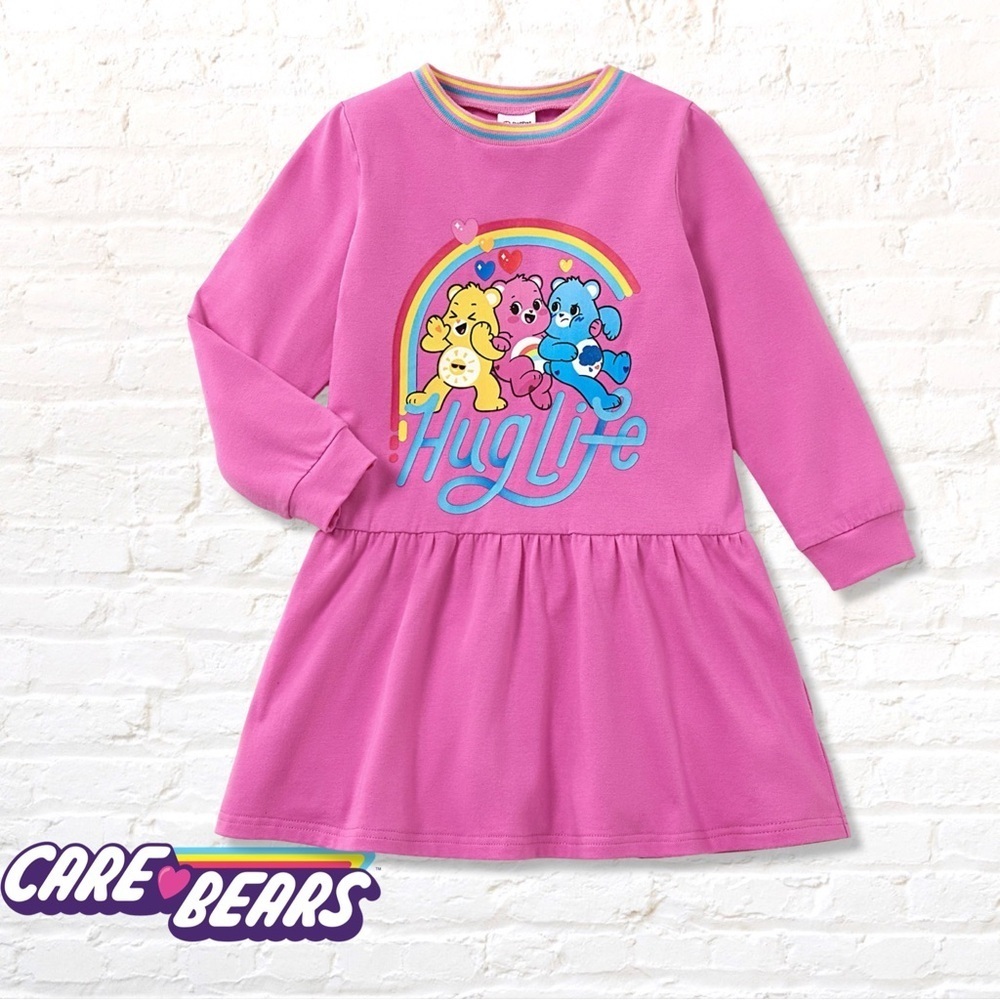 Care Bears Girls Pink Hug Life Rainbow Trim Dress Size 3/4 Cotton Long Sleeve